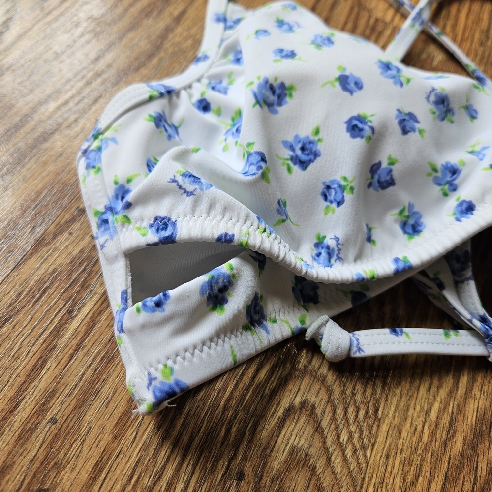Victoria Secret Swim Bikini Top L Lined Cups Blue White Floral Halter Tie Back - Picture 3 of 6